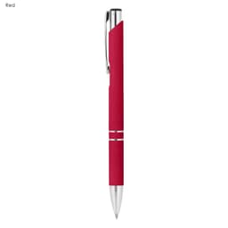 A red rubberised metal pen with a chrome clip and accents, featuring a branding logo.