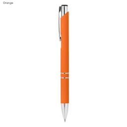 An orange rubberised metal pen with a shiny silver clip and detailing. It features a logo on the body.
