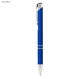 A metal pen in royal blue with a rubberised grip and silver accents, featuring a branding logo.