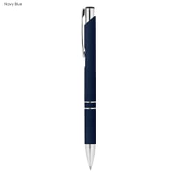 A navy blue metal pen with a rubberised grip and silver accents, featuring a branding logo.