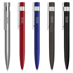 A set of five metal pens in silver, red, blue, dark grey, and black, featuring a logo on each pen.
