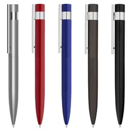 Five metal pens in silver, red, blue, dark grey, and black, each featuring a sleek design and a clip.