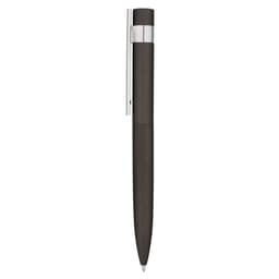 A metal pen in black with a chrome clip, featuring a sleek design and a brushed finish.