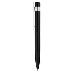 A sleek black metal pen with a chrome clip and accents, featuring a polished finish and a branding logo.