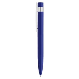 A metal pen in vibrant blue with a silver clip and a sleek design, featuring a logo on the barrel.