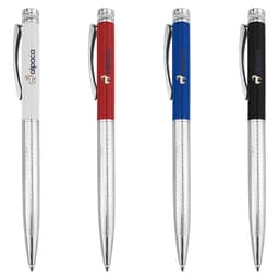 A collection of metal pens in white, red, blue, and black, featuring textured grips and a logo on each.