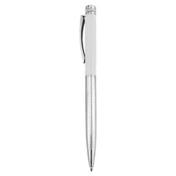A metal pen in silver and chrome finish, featuring a textured grip and a clip. The pen has a logo on it.
