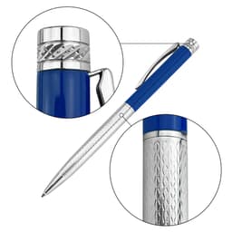 A metal pen with a blue barrel and silver accents, featuring a textured grip and a clip. It has a logo.