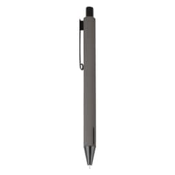 A metal pen in a sleek grey finish features a clip and a smooth design. The pen has a logo on its body.