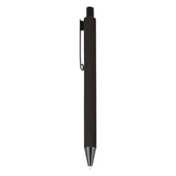 A metal pen in sleek black with a clip and a silver nib, featuring a branding logo.