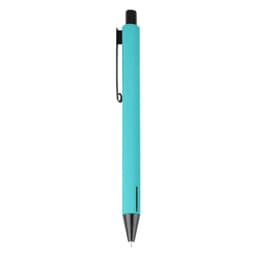 A metal pen in vibrant turquoise with a black clip and tip, featuring branding on the side.