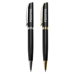 Two metal pens in black, one with a silver clip and the other with a gold clip, featuring branding.