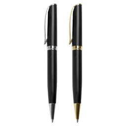 A pair of black metal pens, one with a silver clip and the other with a gold clip, featuring sleek designs.