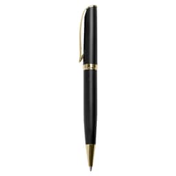A black metal pen with gold accents and a clip, featuring a sleek and elegant design.