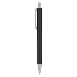 A metal pen with a sleek black body and silver accents, featuring a clip and a branding logo.