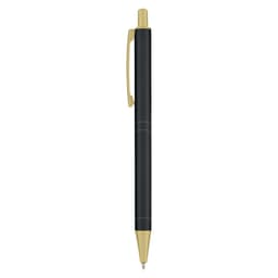 A metal pen in black with gold accents, featuring a clip and a smooth barrel design.