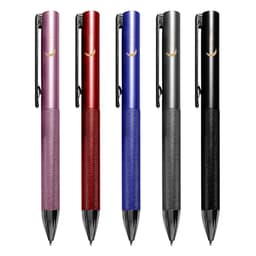 A collection of five metal pens in pink, red, blue, black, and silver, each featuring a textured grip and clip.