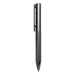 A sleek metal pen in a polished silver colour with a textured grip and a clip. It features a branding logo.