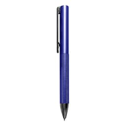 A blue metal pen with a textured grip and a pocket clip, featuring a branding logo.