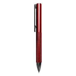 A red metal pen featuring a textured grip and a black clip, with a logo displayed on its side.
