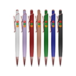 A collection of metal pens in various colours: white, lavender, burgundy, copper, green, blue, and black, featuring a logo.