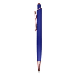 A metal pen in vibrant blue with a rose gold clip and tip, featuring a sleek design and a logo.