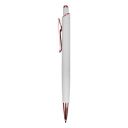A white metal pen with a rose gold clip and tip, featuring a logo on the body.