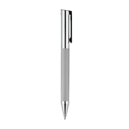 A silver metal pen with a textured grip and a clip, featuring a logo on the barrel.