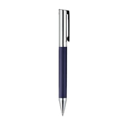 A navy metal pen with chrome accents and a textured grip, featuring a branding logo.