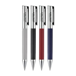 Four Geneva Metal Pens in grey, black, red, and blue, featuring sleek designs and a branding logo.