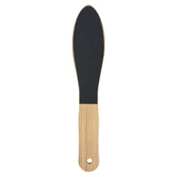 A wooden foot file featuring a black abrasive surface and a light wooden handle.