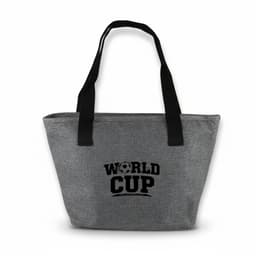 A grey tote bag with black handles and a logo featuring the words "WORLD CUP".