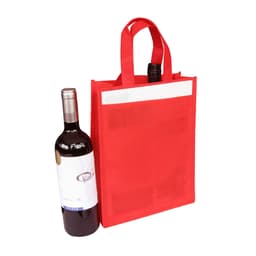 A drink bottle bag in bright red, designed to hold two bottles, featuring a branding logo.