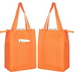 An orange non-woven cooler bag with top zip closure and handles, featuring a pocket on one side and a logo.