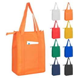 A non-woven cooler bag in orange with two sturdy handles and a front pocket, available in multiple colours.
