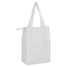 A white non-woven cooler bag with a top zip closure and sturdy handles, featuring a blank design.