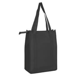 A black non-woven cooler bag with a top zip closure and two sturdy handles, featuring a logo.