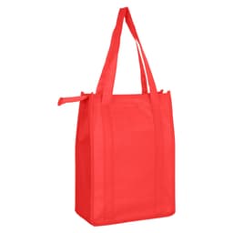 A red non-woven cooler bag with a top zip closure and sturdy handles. It features a logo on the front.