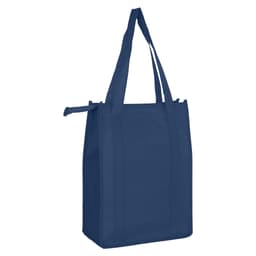 A navy blue non-woven cooler bag with a top zip closure and two sturdy handles. It features a simple design and a logo.