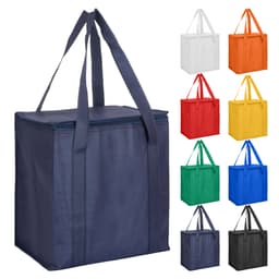 A navy non-woven cooler bag with a zipped lid, featuring sturdy handles. Available in multiple colours.