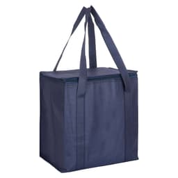 A navy non-woven cooler bag with a zipped lid and sturdy handles, designed for carrying drinks and food items.