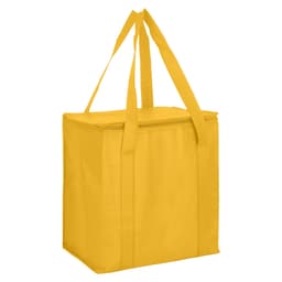 A yellow non-woven cooler bag with a zipped lid and two sturdy handles, featuring a logo.