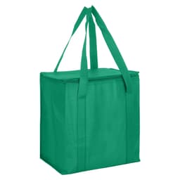 A green non-woven cooler bag with a zipped lid and two sturdy handles. It has a logo on the side.