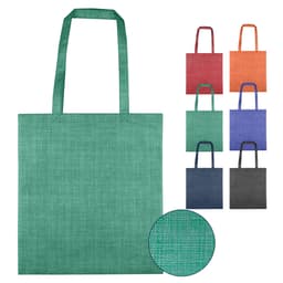 A green non-woven bag with two handles is displayed alongside bags in various colours. The texture is patterned with a subtle design.
