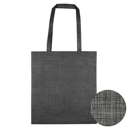 A non-woven bag in dark grey with a patterned design and two sturdy handles. It features a branding logo.