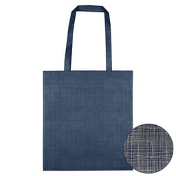 A navy blue non-woven bag with patterned texture and two handles, featuring a small section showing the fabric detail.