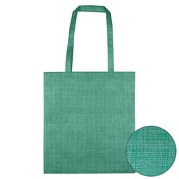 A teal non-woven bag with a patterned design and two handles, featuring a circular close-up of the texture.