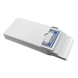 A set of classic playing cards in a white box, featuring blue designs on the cards. The box is partially open.