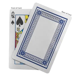 A classic playing card featuring a queen of spades design on the front and a blue patterned back.