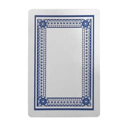 A playing card featuring a blue and white ornate border design, with a blank centre.